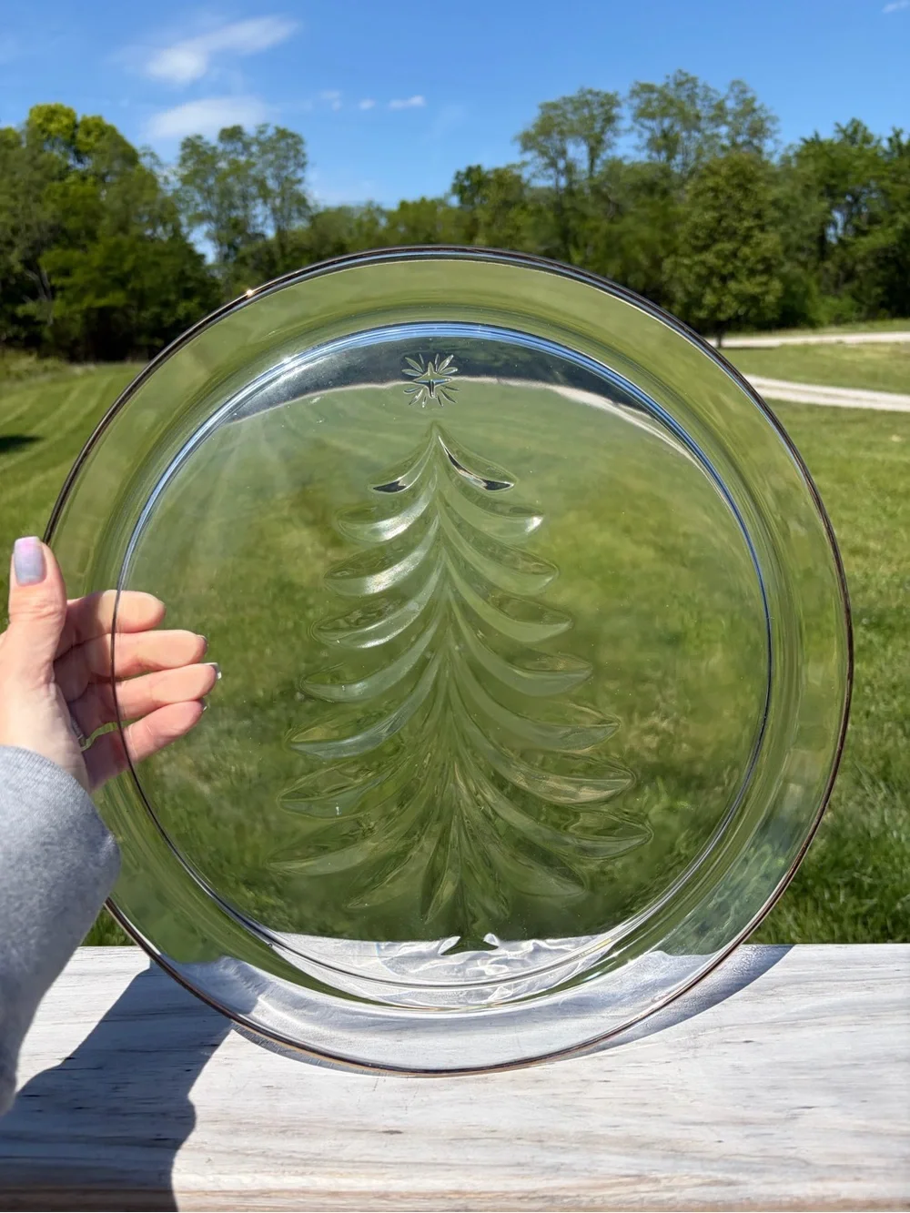 Vintage Indiana Glass Christmas Tree Holiday Gold Platter 13 In‎ Gold Trim